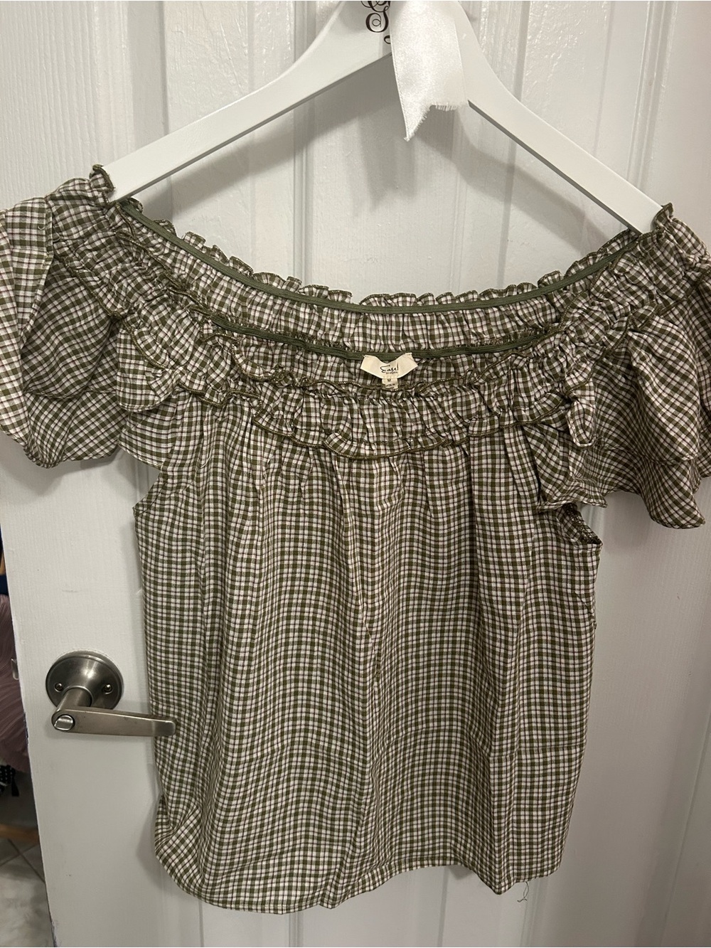 Off-Shoulder Ruffle Plaid Top in Olive and Cream